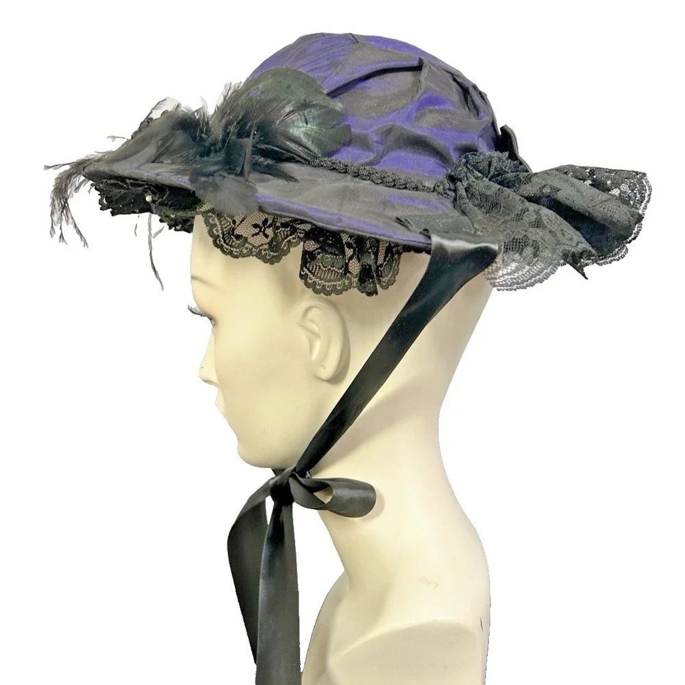 Lush Antique Hat Victorian 1880's Purple Iridescent  Lace Millinery  Flowers